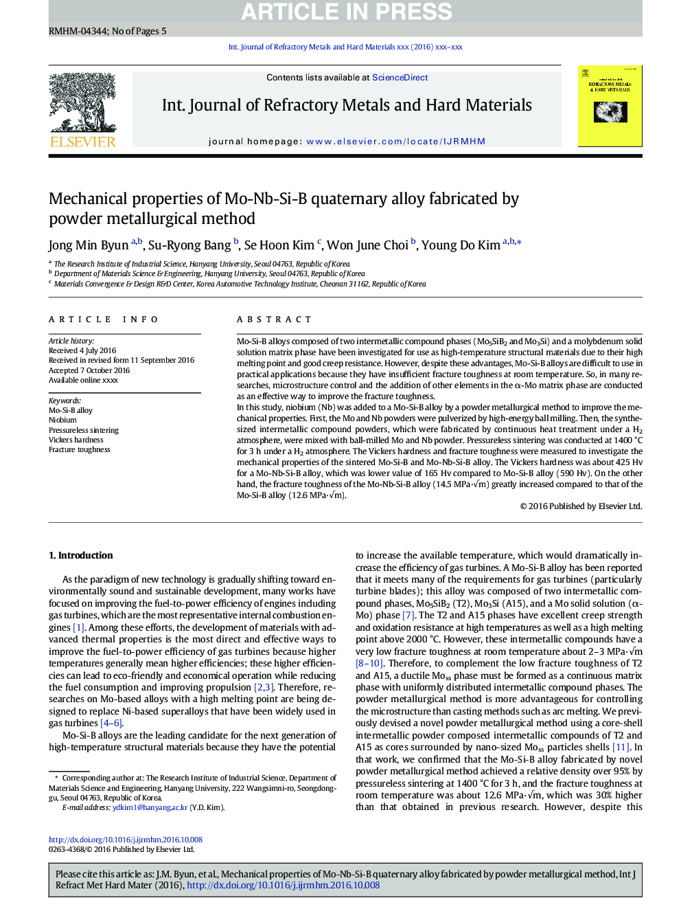 Mechanical properties of Mo-Nb-Si-B quaternary alloy fabricated by powder metallurgical method