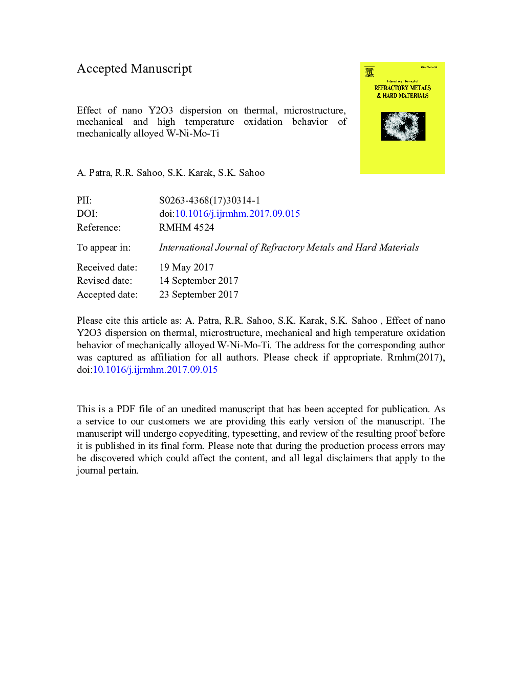 Effect of nano Y2O3 dispersion on thermal, microstructure, mechanical and high temperature oxidation behavior of mechanically alloyed W-Ni-Mo-Ti