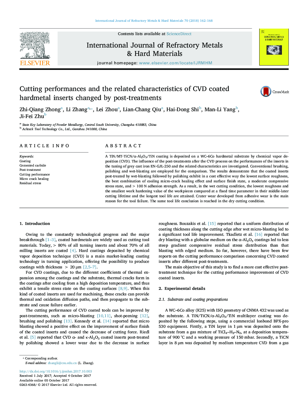 Cutting performances and the related characteristics of CVD coated hardmetal inserts changed by post-treatments