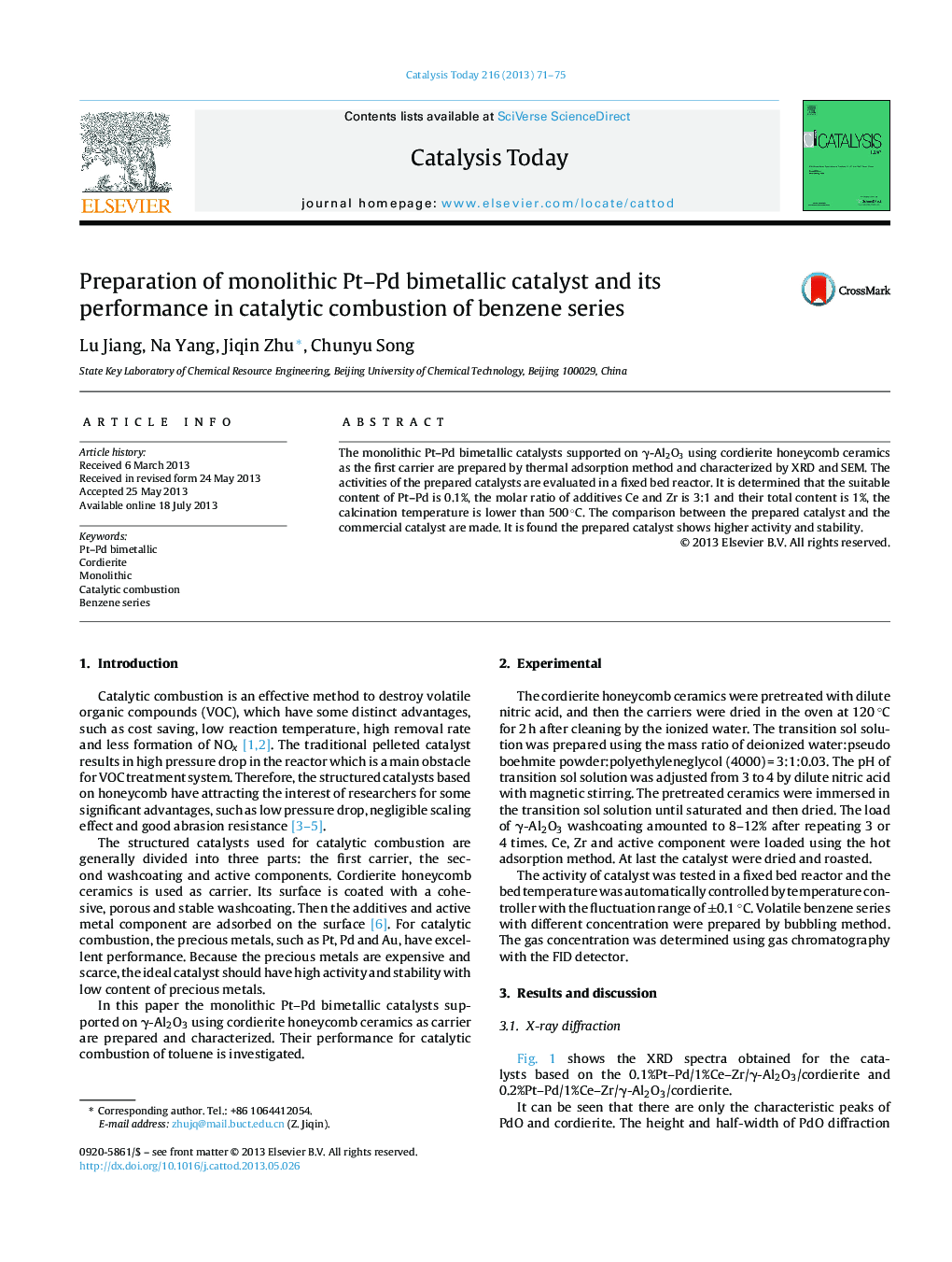 Preparation of monolithic Pt–Pd bimetallic catalyst and its performance in catalytic combustion of benzene series