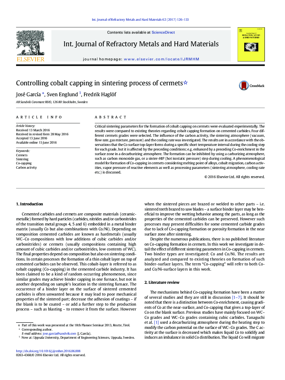 Controlling cobalt capping in sintering process of cermets