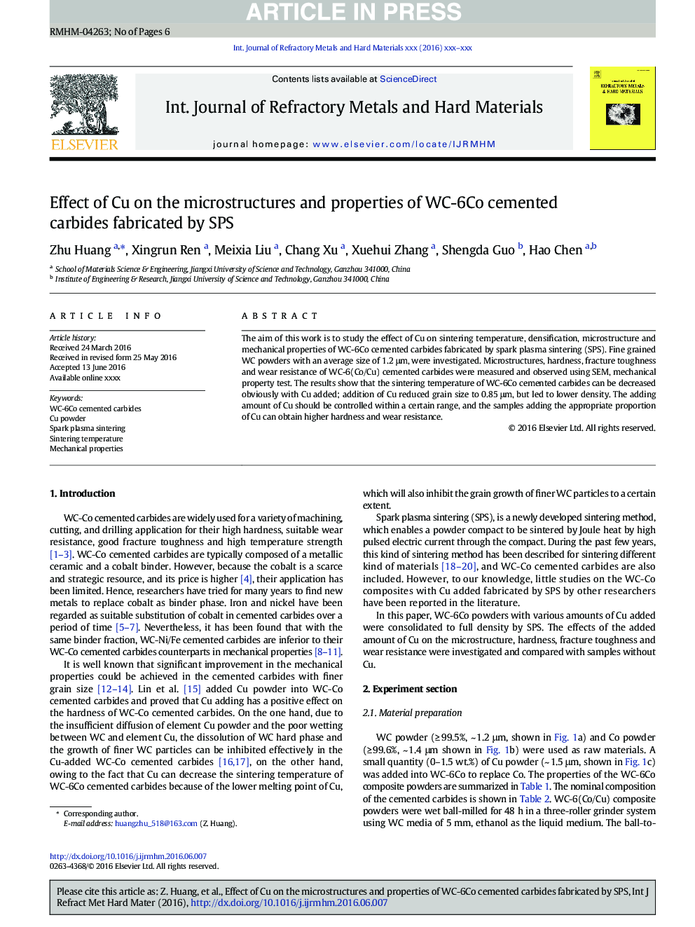 Effect of Cu on the microstructures and properties of WC-6Co cemented carbides fabricated by SPS