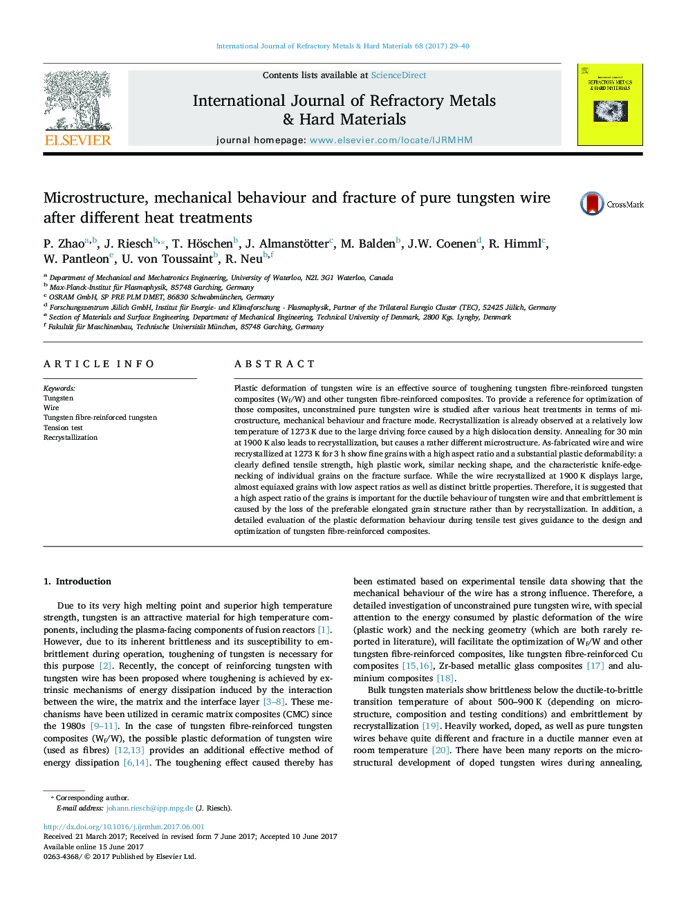 Microstructure, mechanical behaviour and fracture of pure tungsten wire after different heat treatments