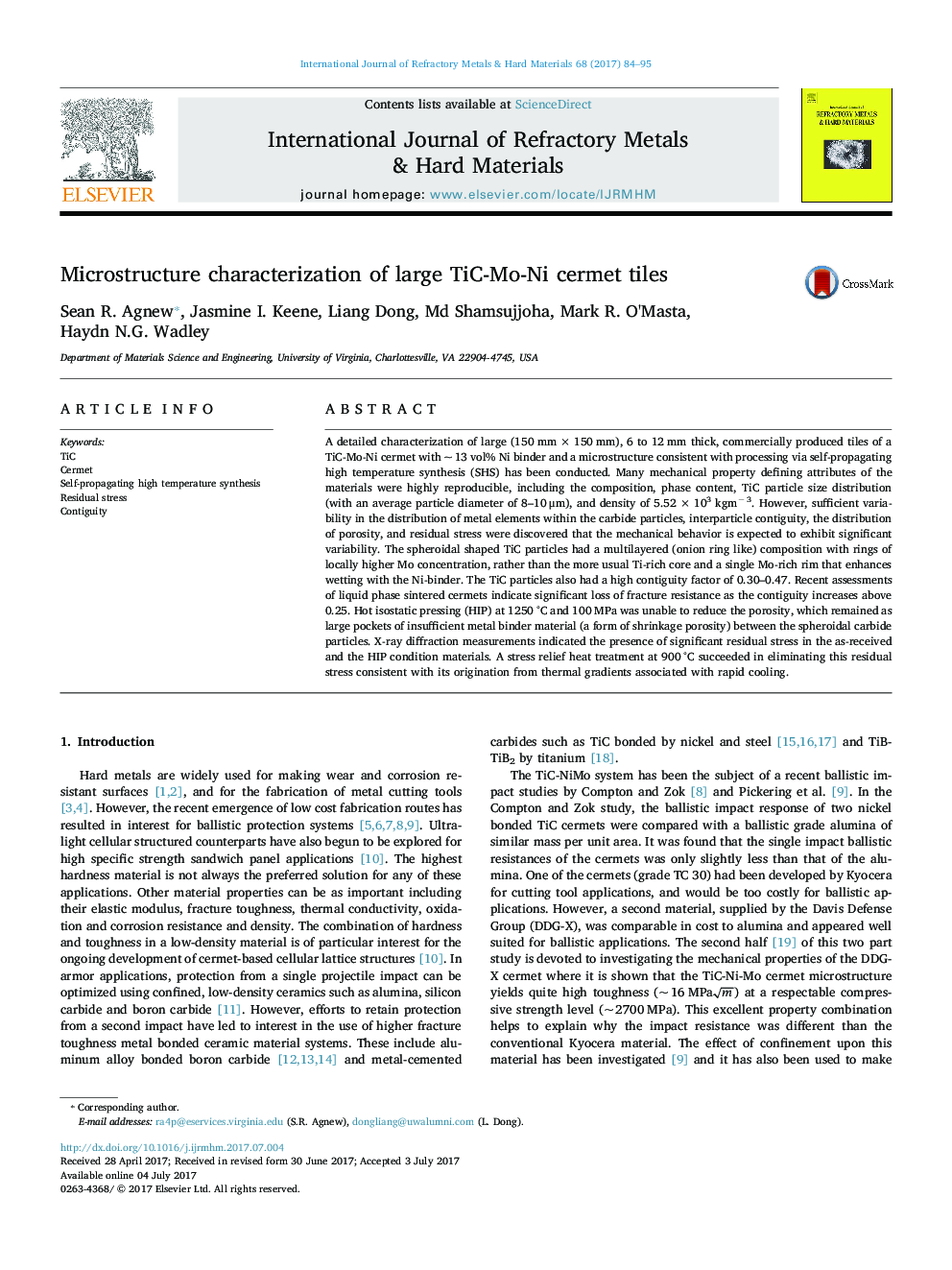 Microstructure characterization of large TiC-Mo-Ni cermet tiles