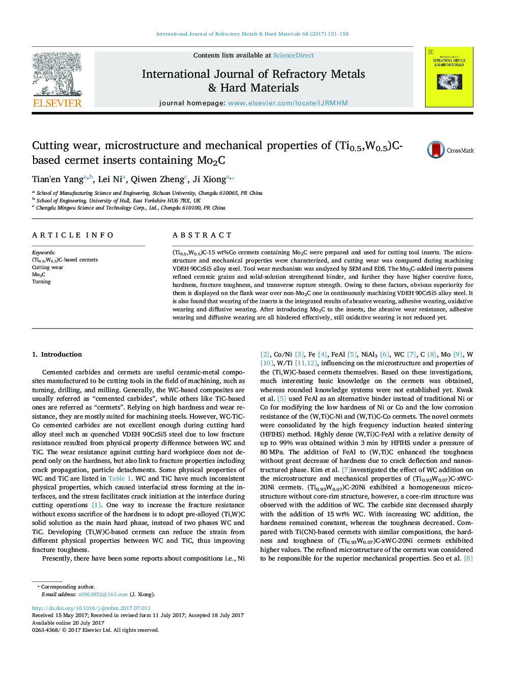 Cutting wear, microstructure and mechanical properties of (Ti0.5,W0.5)C-based cermet inserts containing Mo2C