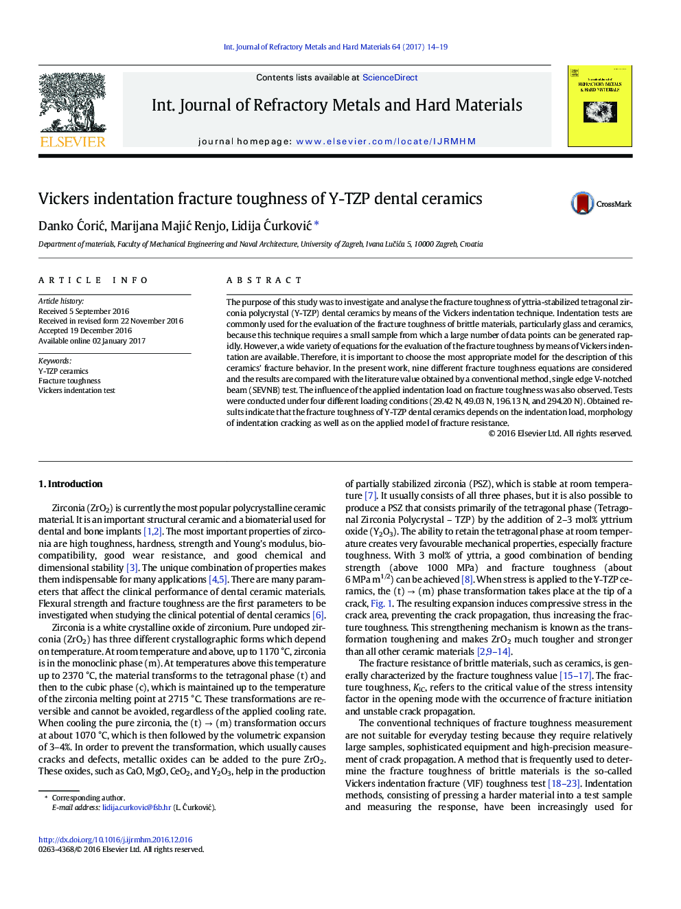 Vickers indentation fracture toughness of Y-TZP dental ceramics