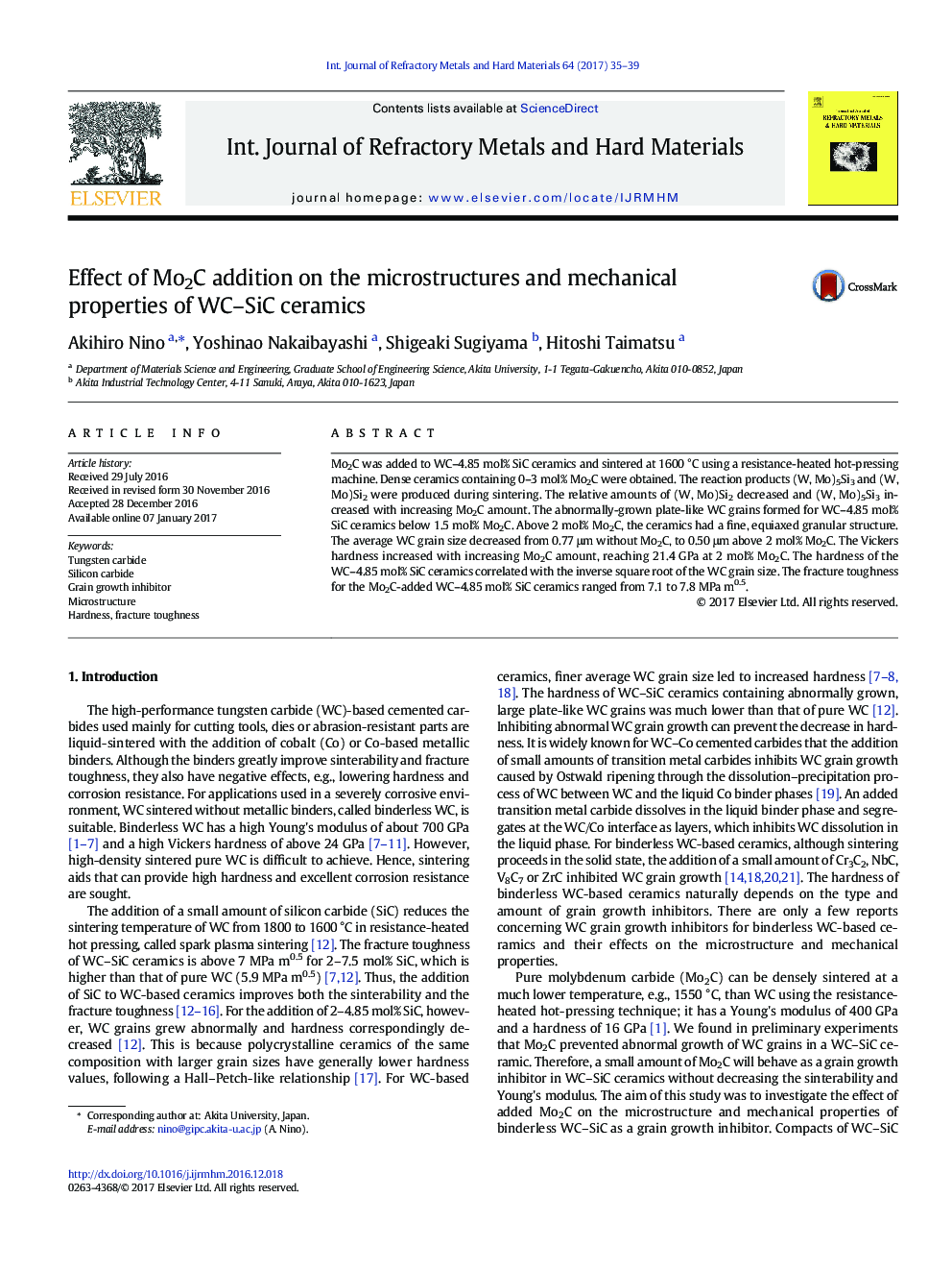 Effect of Mo2C addition on the microstructures and mechanical properties of WC-SiC ceramics