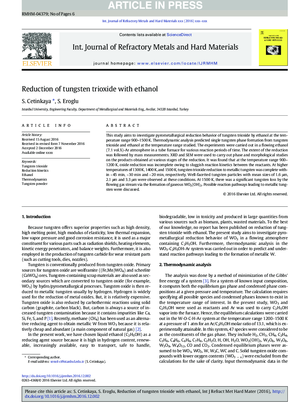 Reduction of tungsten trioxide with ethanol