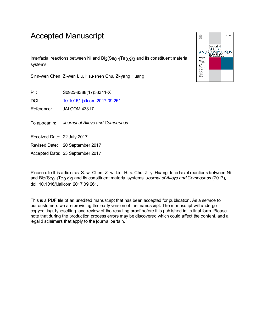 Interfacial reactions between Ni and Bi2(Se0.1Te0.9)3 and its constituent material systems