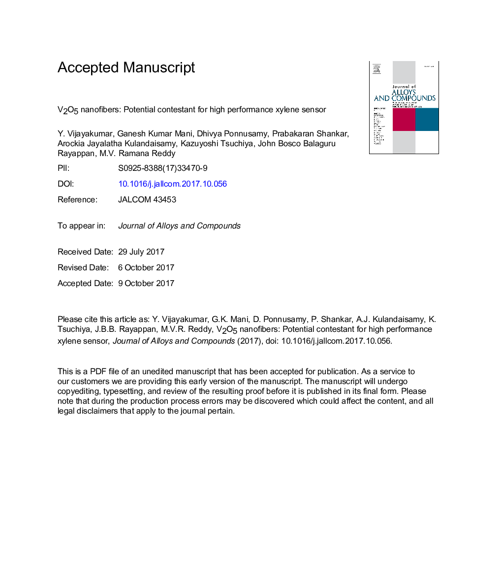 V2O5 nanofibers: Potential contestant for high performance xylene sensor