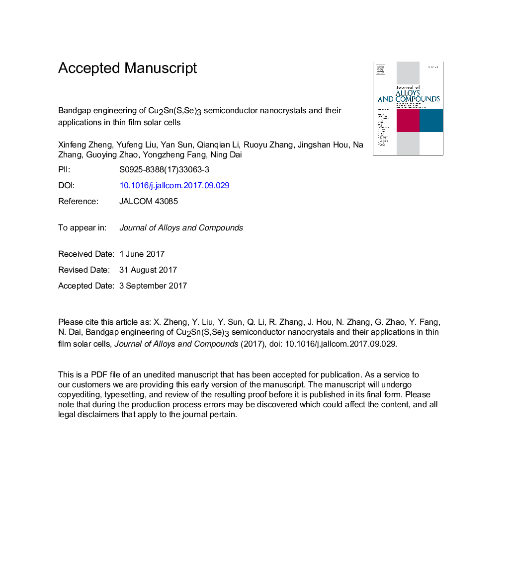 Bandgap engineering of Cu2Sn(S,Se)3 semiconductor nanocrystals and their applications in thin film solar cells