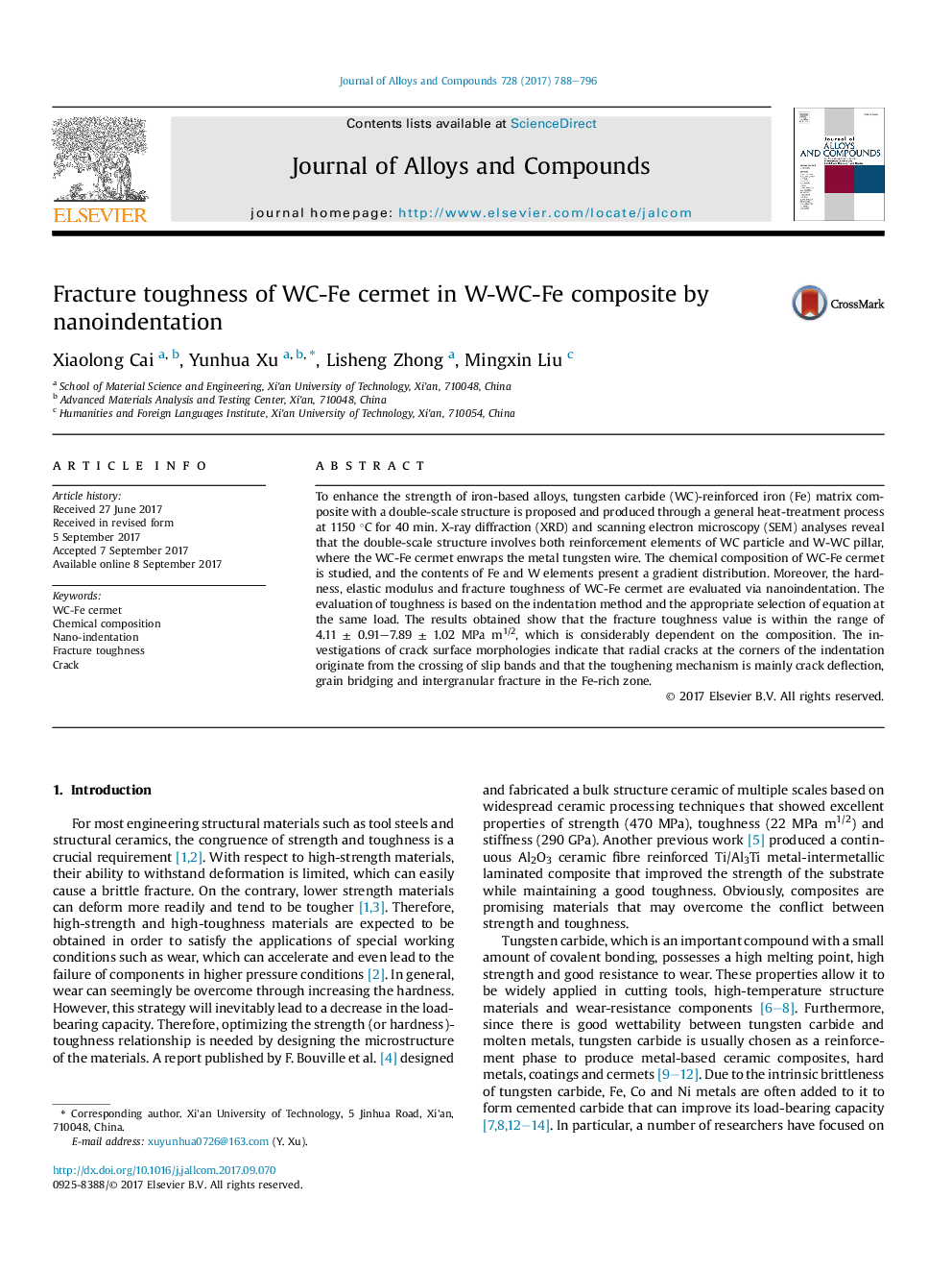 Fracture toughness of WC-Fe cermet in W-WC-Fe composite by nanoindentation