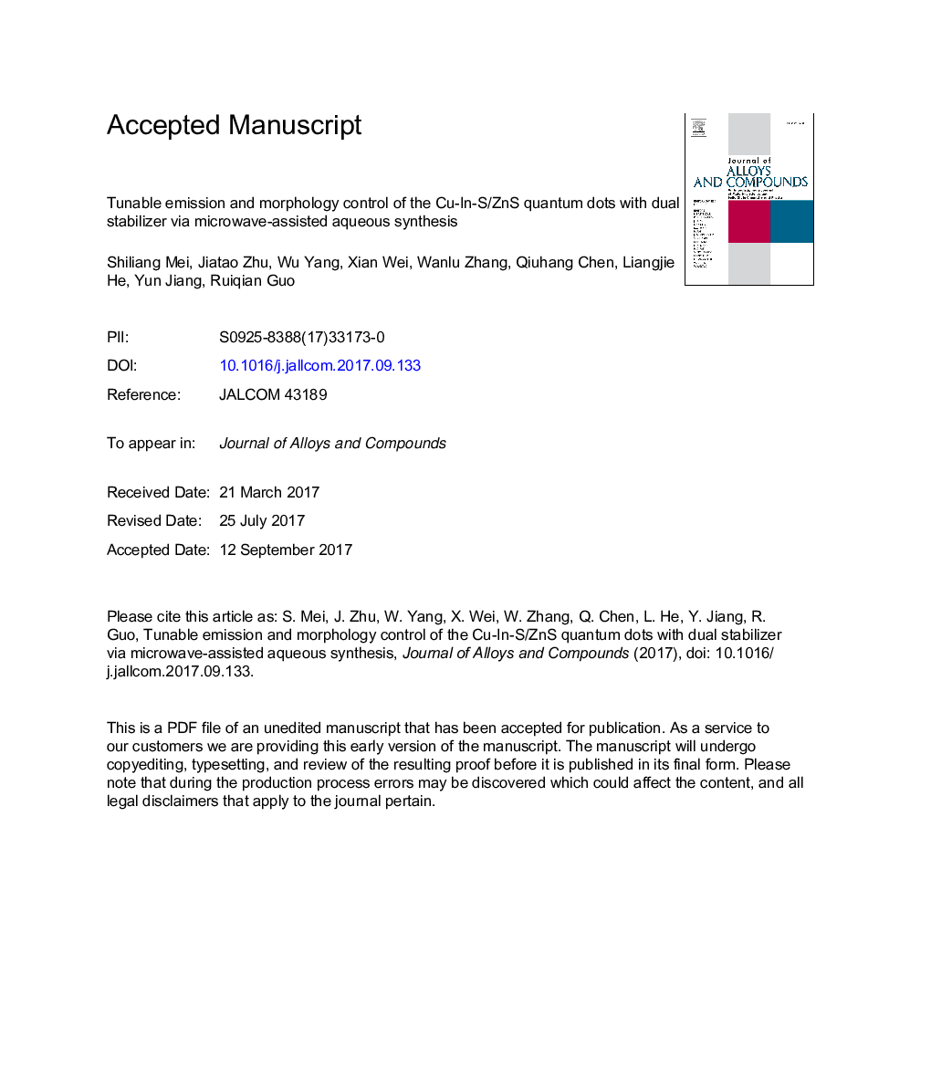 Tunable emission and morphology control of the Cu-In-S/ZnS quantum dots with dual stabilizer via microwave-assisted aqueous synthesis