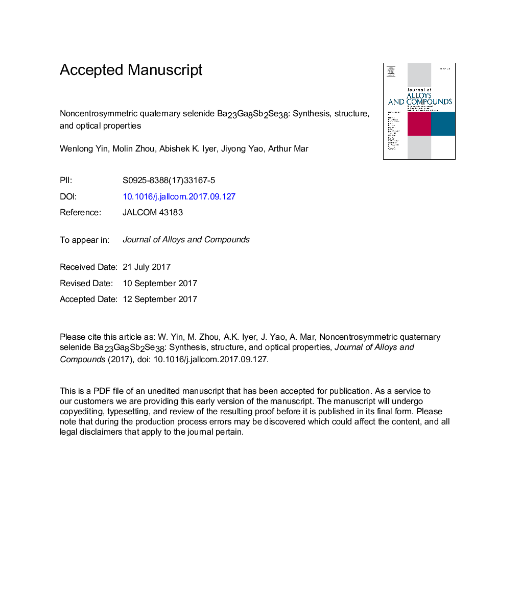 Noncentrosymmetric quaternary selenide Ba23Ga8Sb2Se38: Synthesis, structure, and optical properties