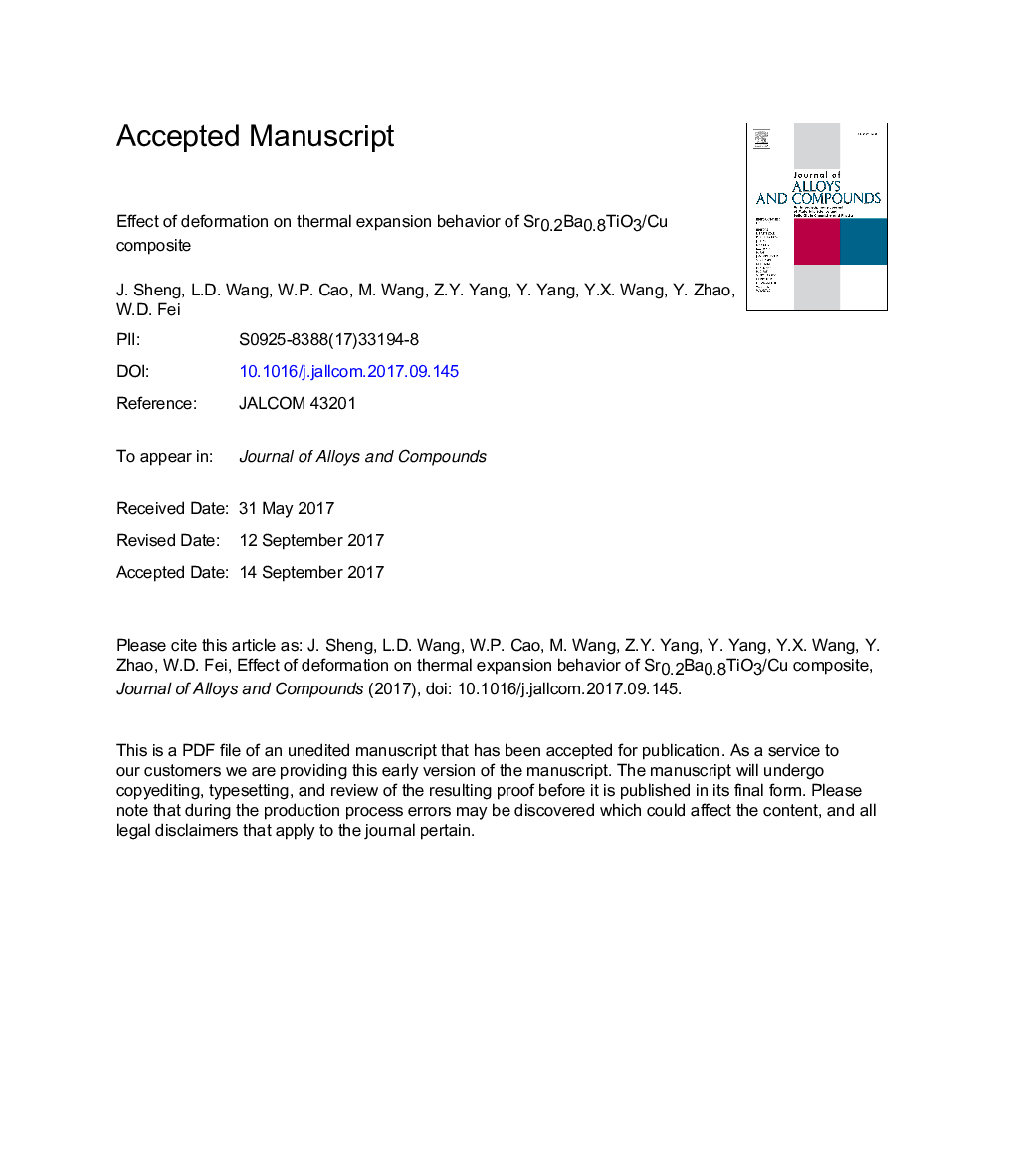 عکس صفحه اول مقاله: Effect of deformation on thermal expansion behavior of Sr0.2Ba0.8TiO3/Cu composite Effect of deformation on thermal expansion behavior of Sr0.2Ba0.8TiO3/Cu composite