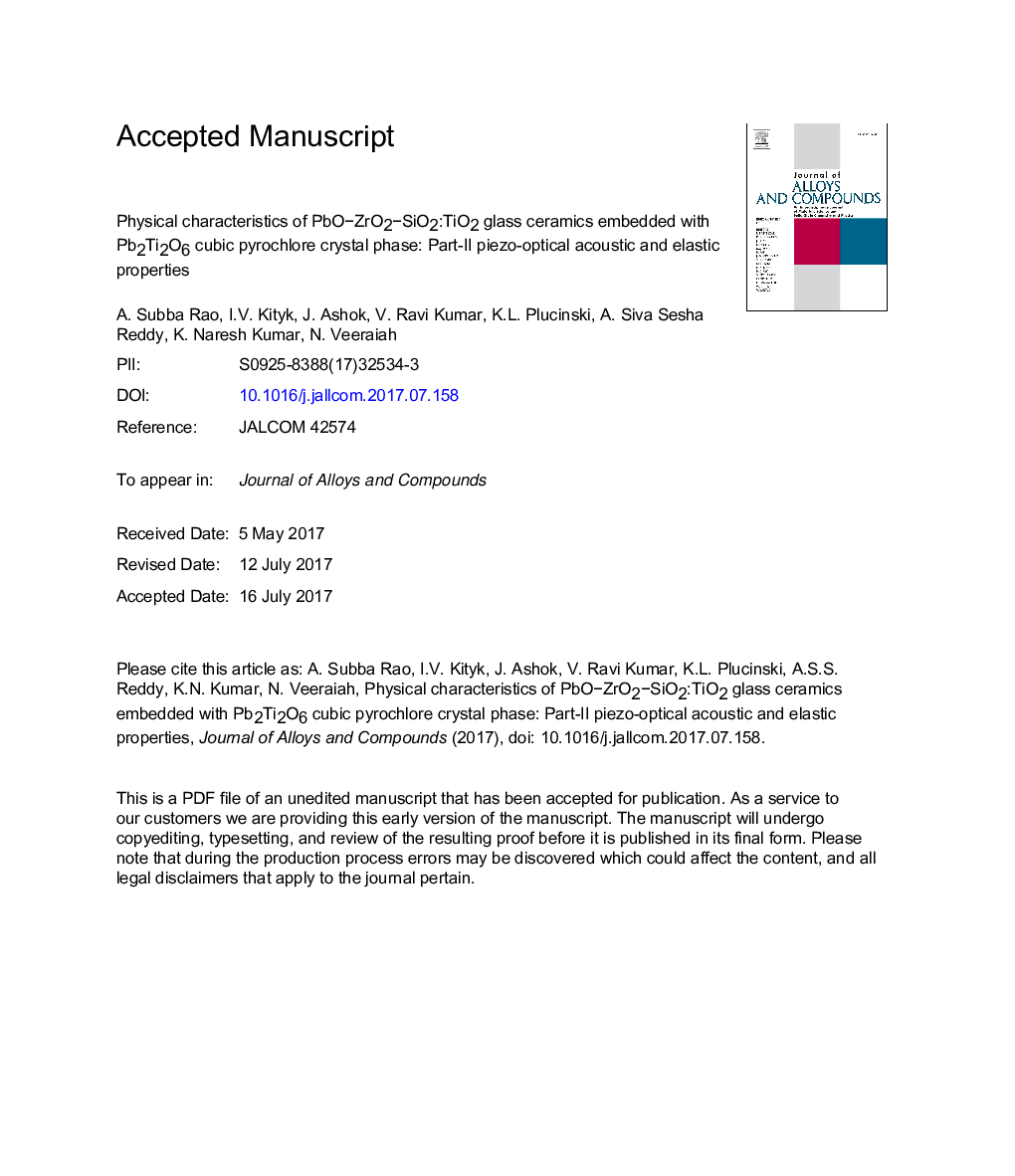Physical characteristics of PbOâZrO2âSiO2:TiO2 glass ceramics embedded with Pb2Ti2O6 cubic pyrochlore crystal phase: Part-IIÂ piezo-optical acoustic and elastic properties