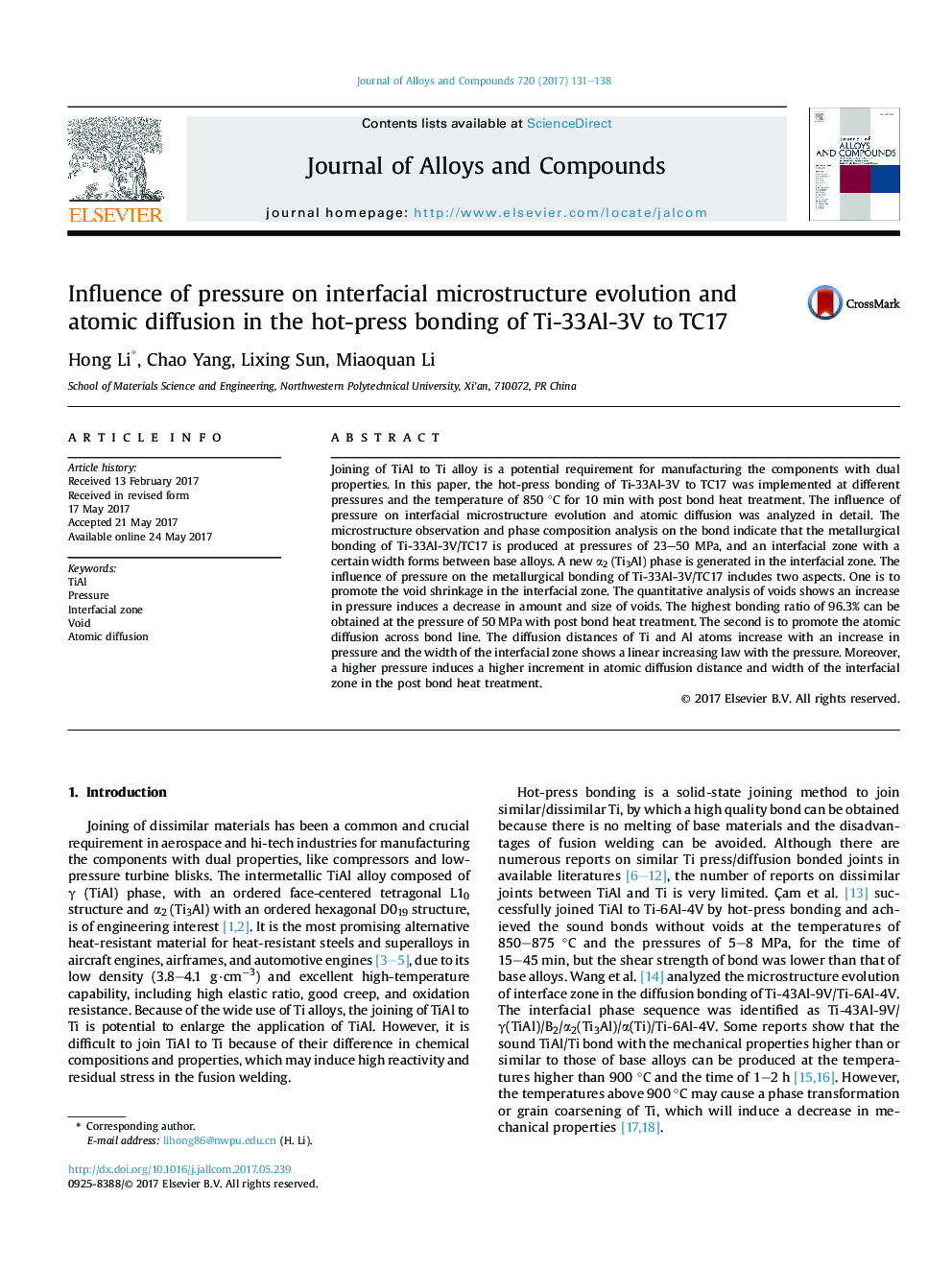 عکس صفحه اول مقاله: Influence of pressure on interfacial microstructure evolution and atomic diffusion in the hot-press bonding of Ti-33Al-3V to TC17 Influence of pressure on interfacial microstructure evolution and atomic diffusion in the hot-press bonding of Ti-33Al-3V to TC17
