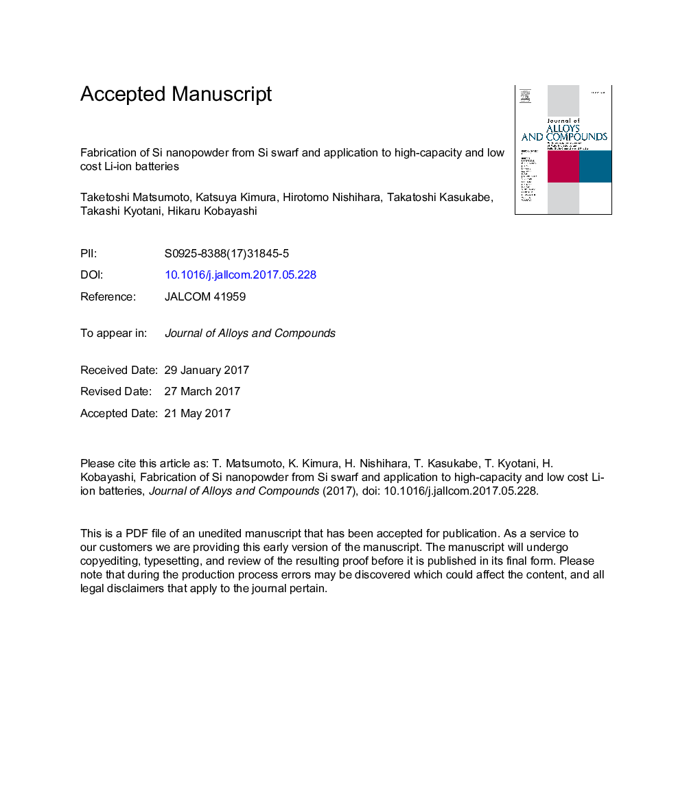 Fabrication of Si nanopowder from Si swarf and application to high-capacity and low cost Li-ion batteries