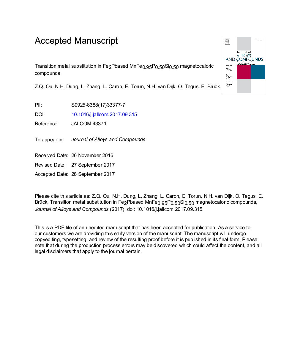 Transition metal substitution in Fe2P-based MnFe0.95P0.50Si0.50 magnetocaloric compounds