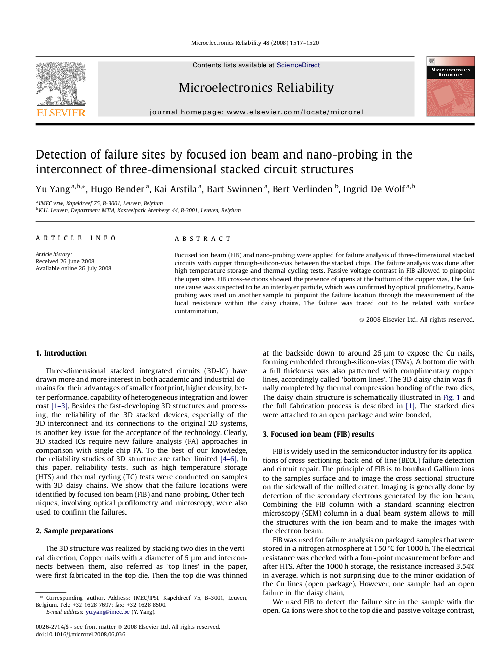 عکس صفحه اول مقاله: Detection of failure sites by focused ion beam and nano-probing in the interconnect of three-dimensional stacked circuit structures Detection of failure sites by focused ion beam and nano-probing in the interconnect of three-dimensional stacked circuit structures