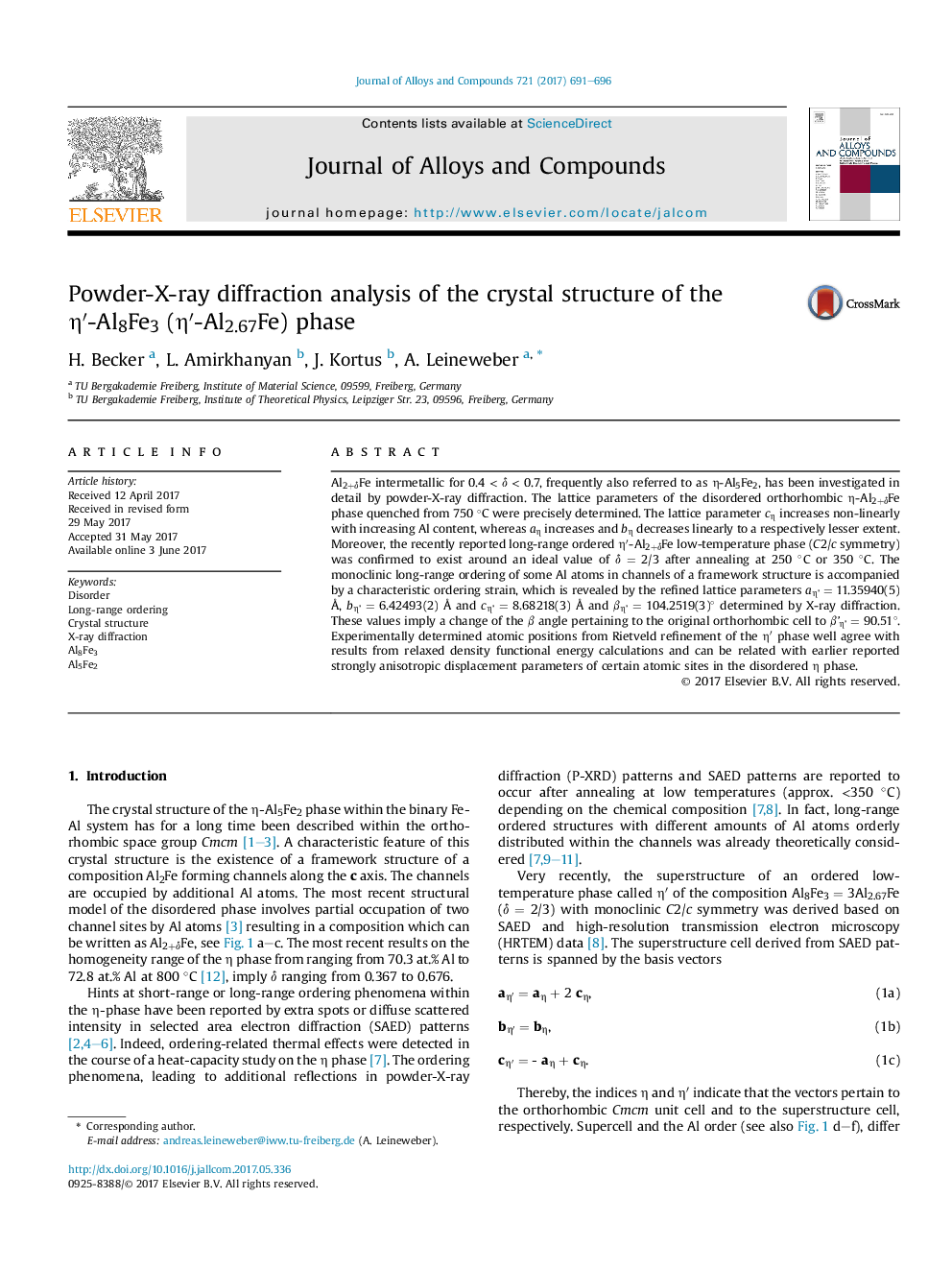 Powder-X-ray diffraction analysis of the crystal structure of the Î·â²-Al8Fe3 (Î·â²-Al2.67Fe) phase