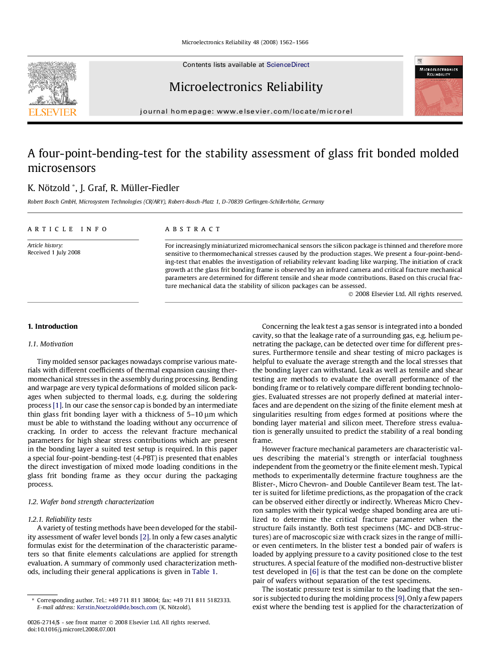 عکس صفحه اول مقاله: A four-point-bending-test for the stability assessment of glass frit bonded molded microsensors A four-point-bending-test for the stability assessment of glass frit bonded molded microsensors