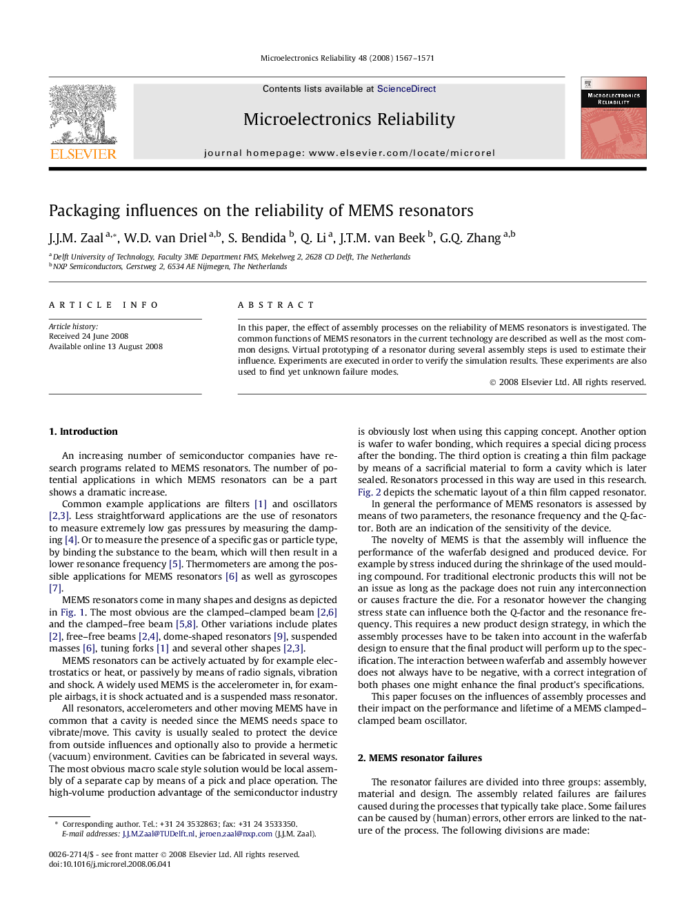 عکس صفحه اول مقاله: Packaging influences on the reliability of MEMS resonators Packaging influences on the reliability of MEMS resonators