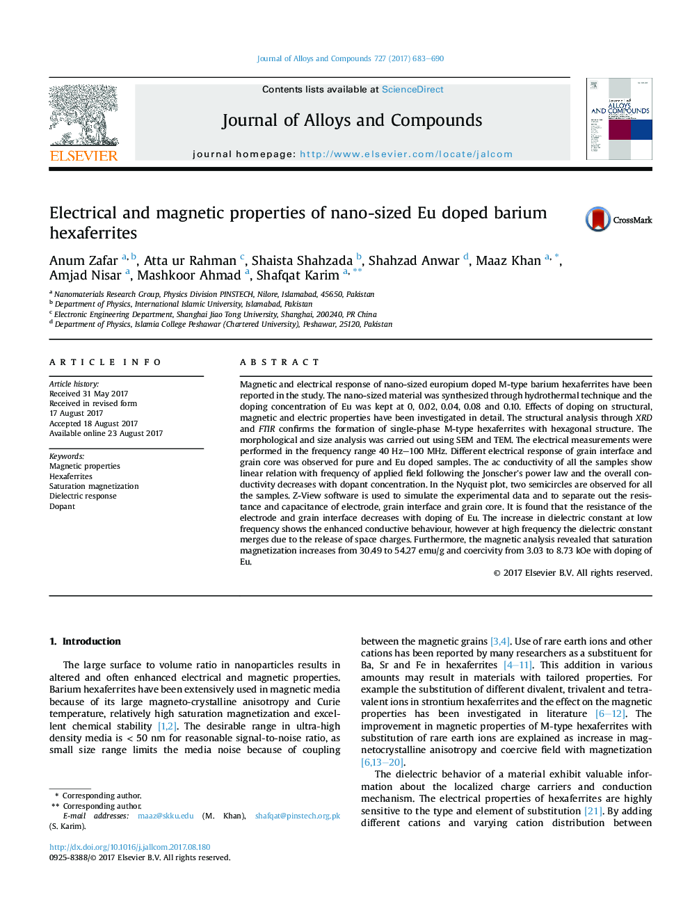 Electrical and magnetic properties of nano-sized Eu doped barium hexaferrites