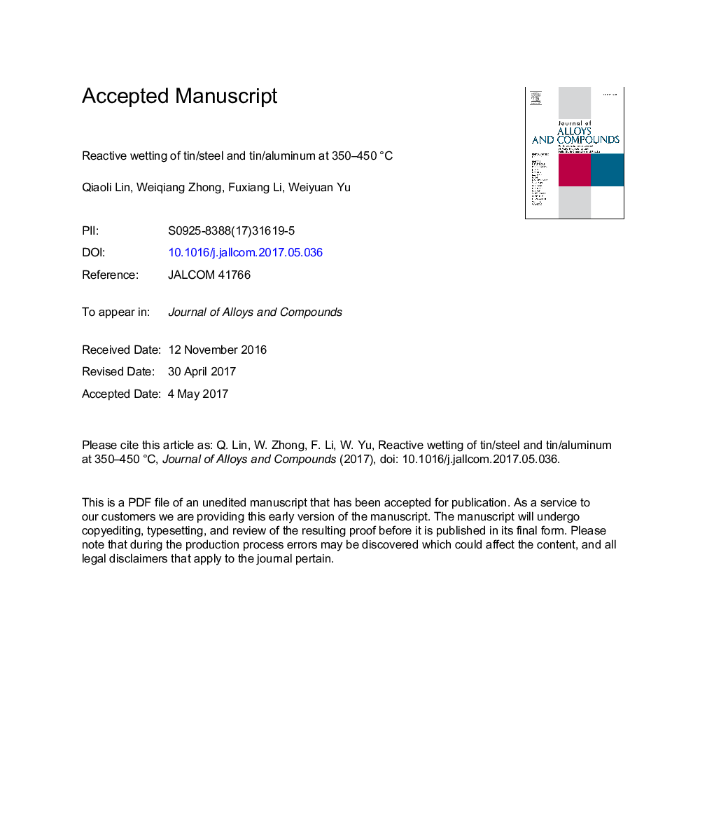 Reactive wetting of tin/steel and tin/aluminum at 350-450Â Â°C