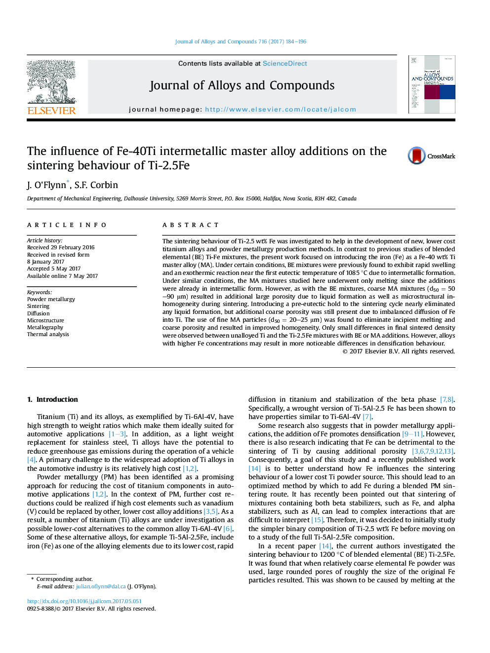 The influence of Fe-40Ti intermetallic master alloy additions on the sintering behaviour of Ti-2.5Fe