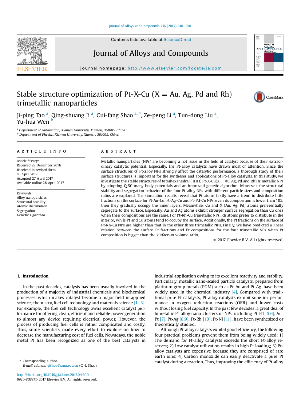 عکس صفحه اول مقاله: Stable structure optimization of Pt-X-Cu (XÂ =Â Au, Ag, Pd and Rh) trimetallic nanoparticles Stable structure optimization of Pt-X-Cu (XÂ =Â Au, Ag, Pd and Rh) trimetallic nanoparticles