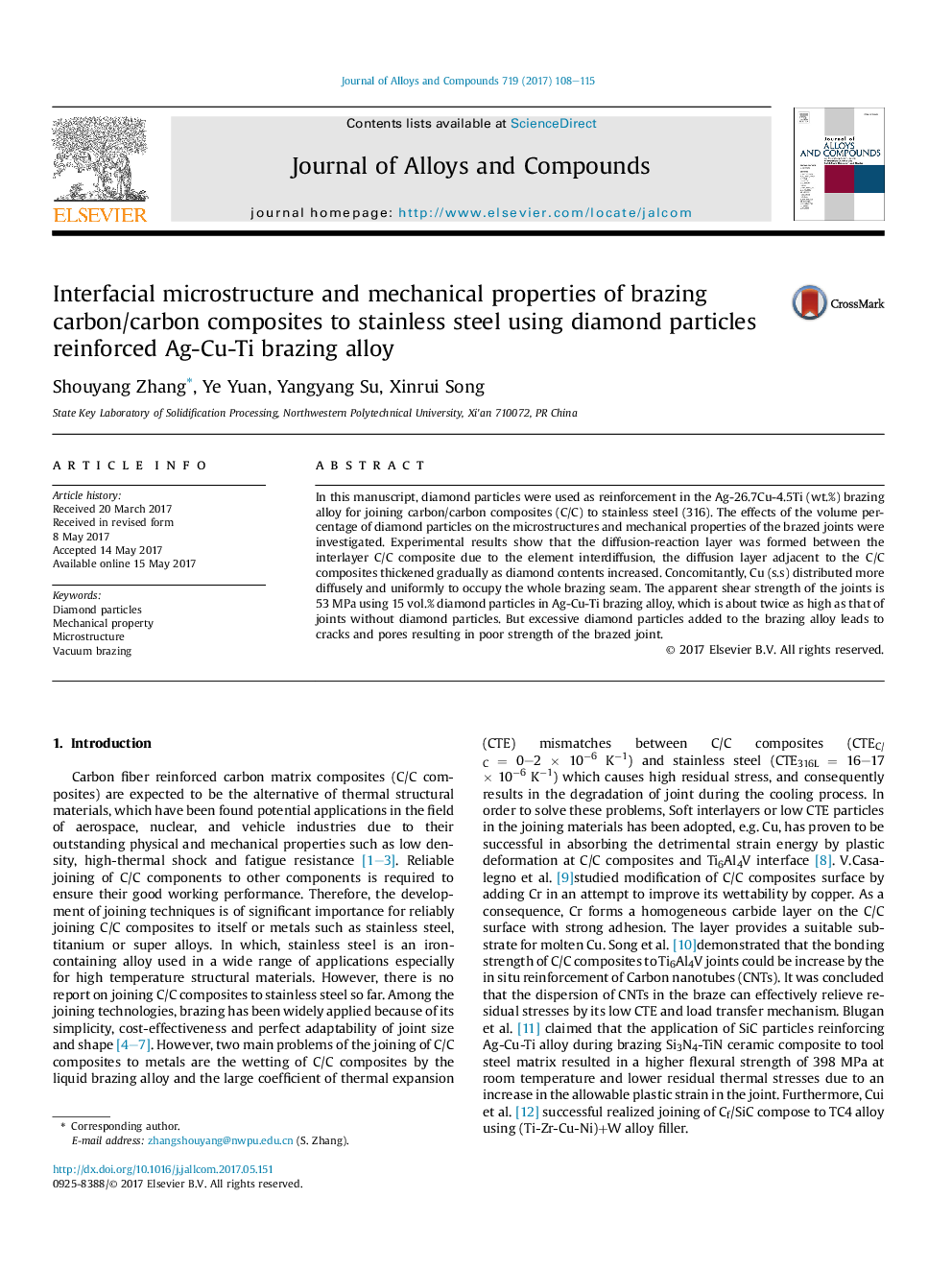 Interfacial microstructure and mechanical properties of brazing carbon/carbon composites to stainless steel using diamond particles reinforced Ag-Cu-Ti brazing alloy