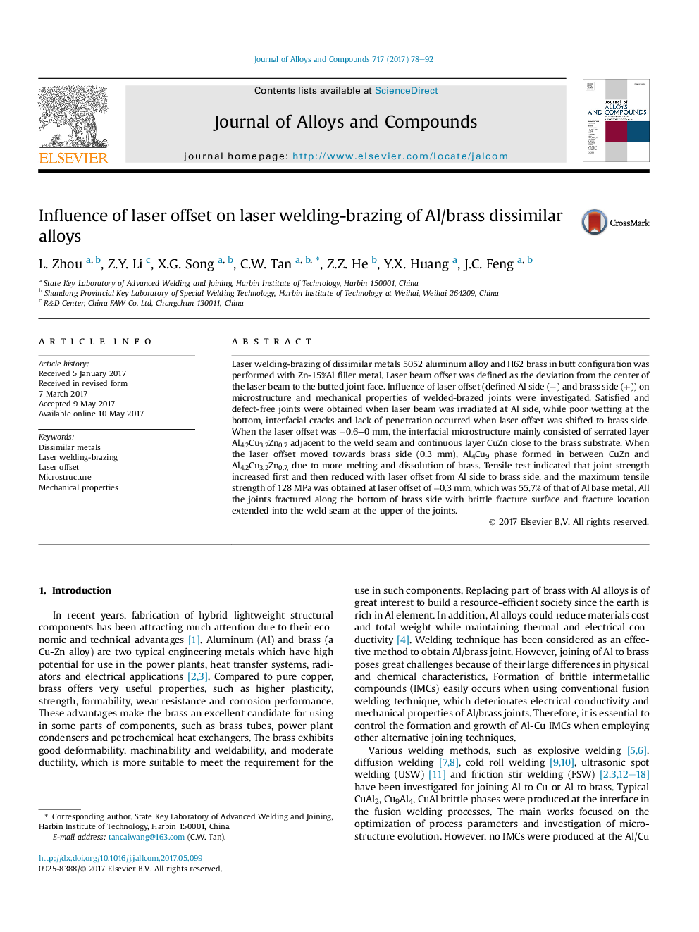 Influence of laser offset on laser welding-brazing of Al/brass dissimilar alloys