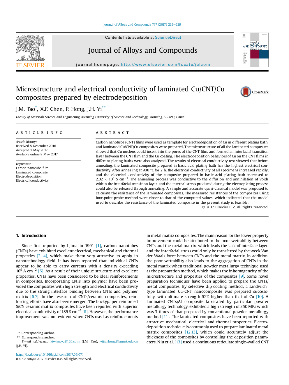 عکس صفحه اول مقاله: Microstructure and electrical conductivity of laminated Cu/CNT/Cu composites prepared by electrodeposition Microstructure and electrical conductivity of laminated Cu/CNT/Cu composites prepared by electrodeposition