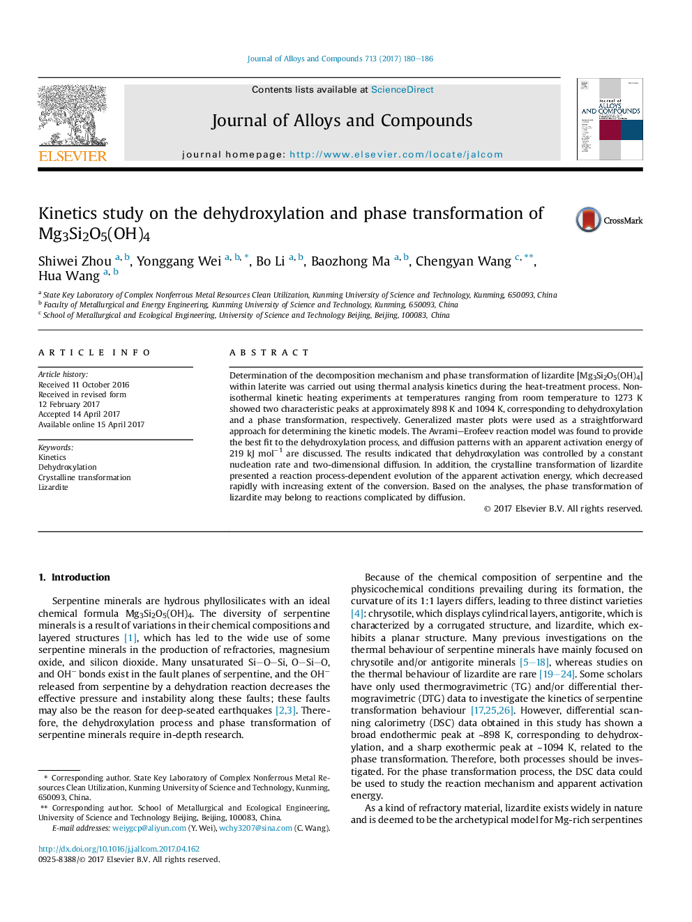 Kinetics study on the dehydroxylation and phase transformation of Mg3Si2O5(OH)4