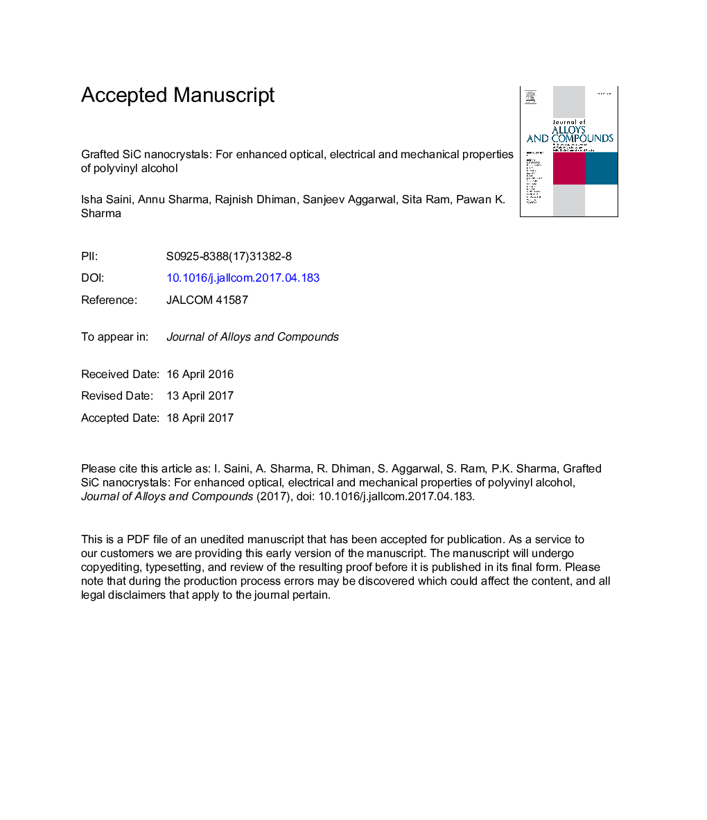 Grafted SiC nanocrystals: For enhanced optical, electrical and mechanical properties of polyvinyl alcohol