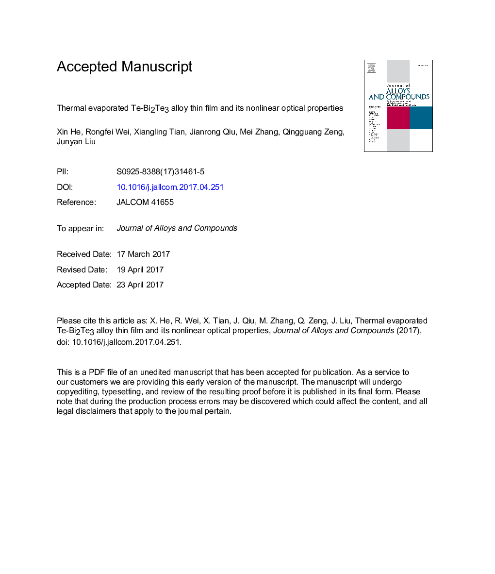 عکس صفحه اول مقاله: Thermal evaporated Te-Bi2Te3 alloy thin film and its nonlinear optical properties Thermal evaporated Te-Bi2Te3 alloy thin film and its nonlinear optical properties