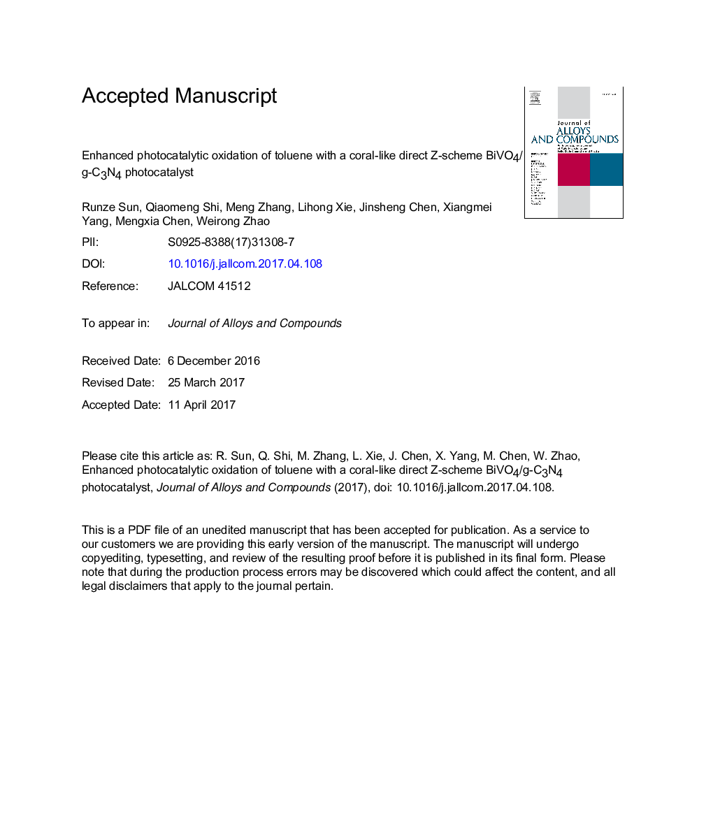 Enhanced photocatalytic oxidation of toluene with a coral-like direct Z-scheme BiVO4/g-C3N4 photocatalyst