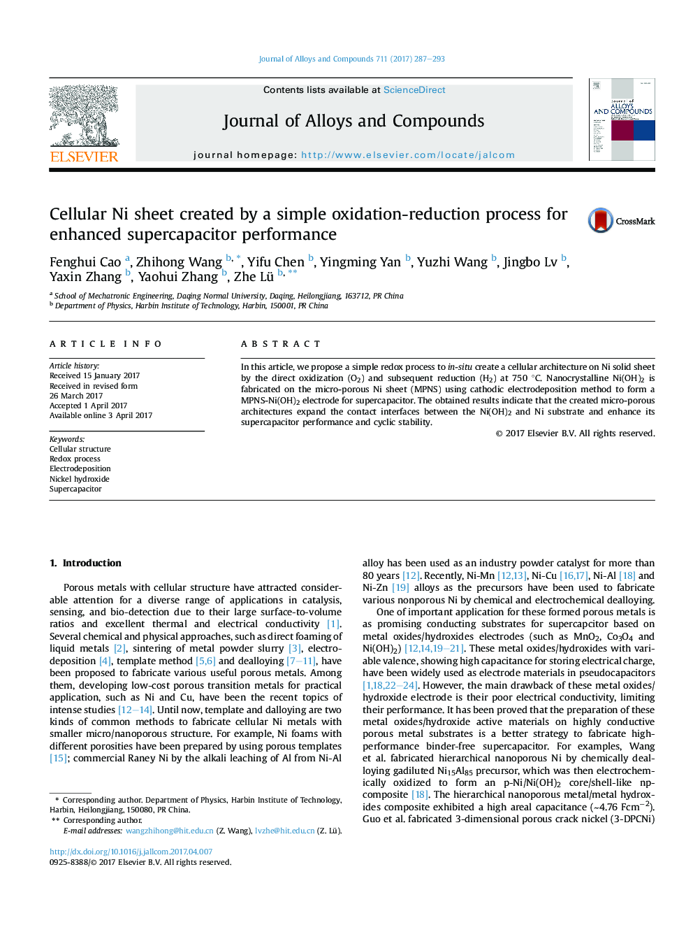 Cellular Ni sheet created by a simple oxidation-reduction process for enhanced supercapacitor performance