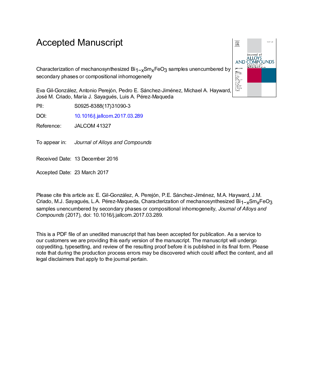 Characterization of mechanosynthesized Bi1âxSmxFeO3 samples unencumbered by secondary phases or compositional inhomogeneity