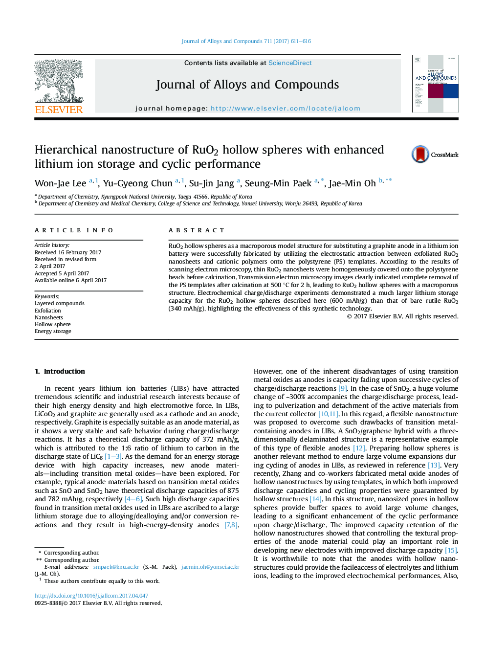 Hierarchical nanostructure of RuO2 hollow spheres with enhanced lithium ion storage and cyclic performance