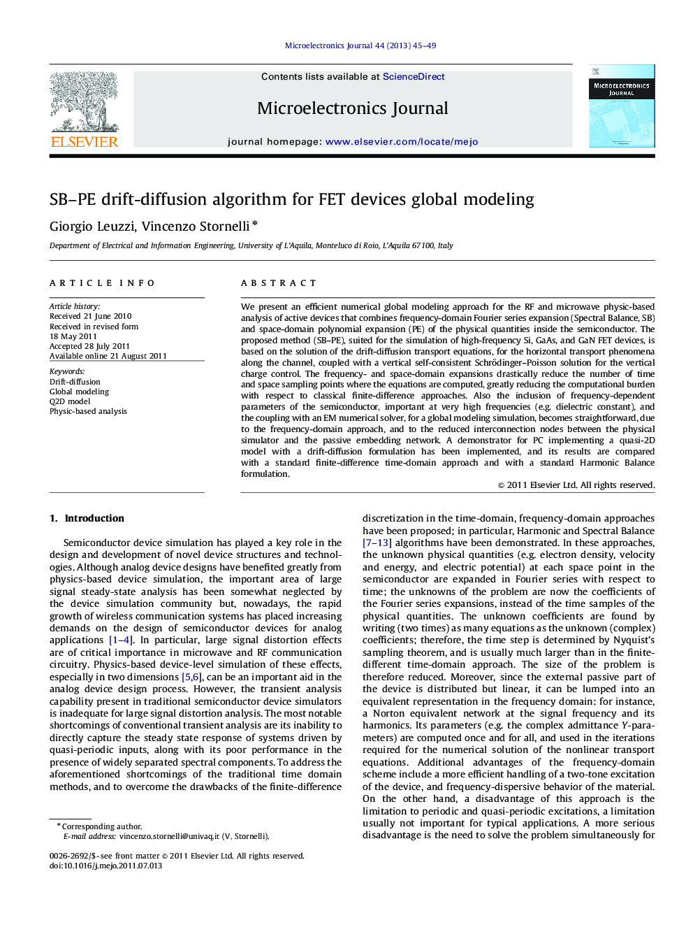 SB–PE drift-diffusion algorithm for FET devices global modeling