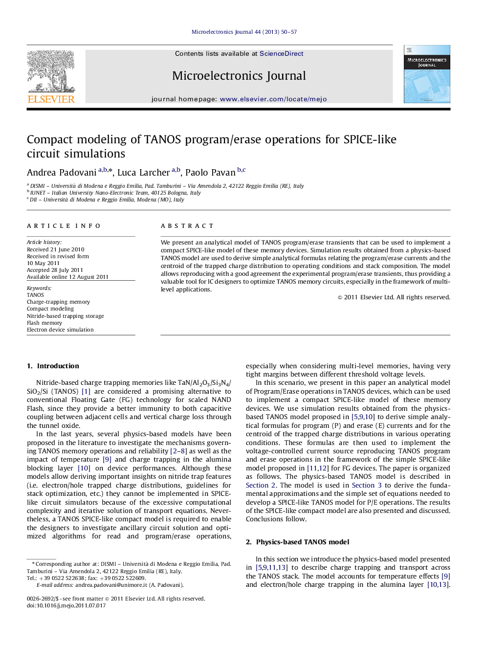 Compact modeling of TANOS program/erase operations for SPICE-like circuit simulations