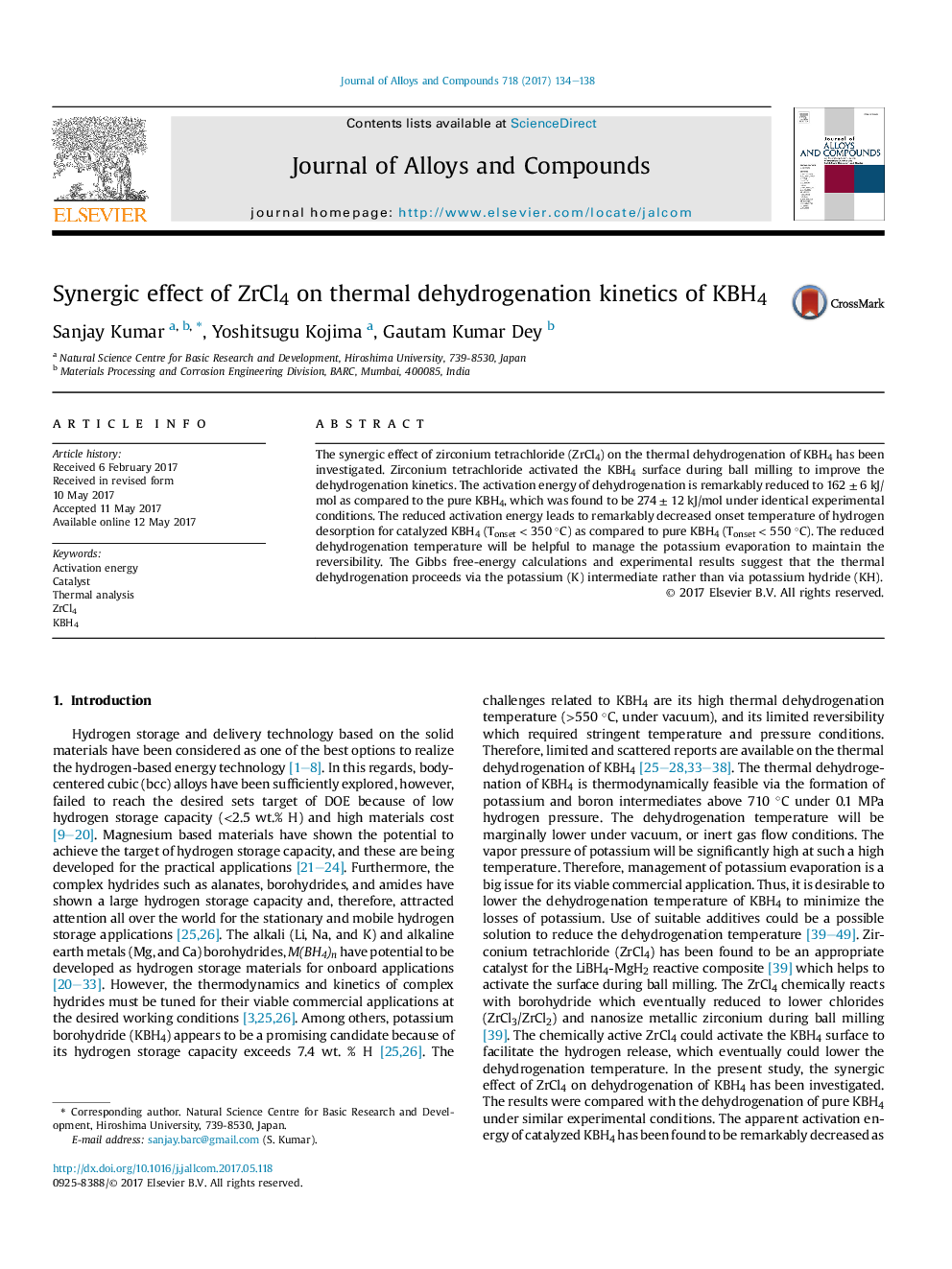 Synergic effect of ZrCl4 on thermal dehydrogenation kinetics of KBH4