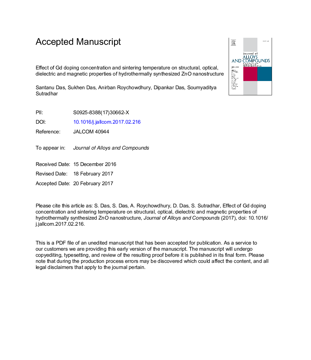 Effect of Gd doping concentration and sintering temperature on structural, optical, dielectric and magnetic properties of hydrothermally synthesized ZnO nanostructure