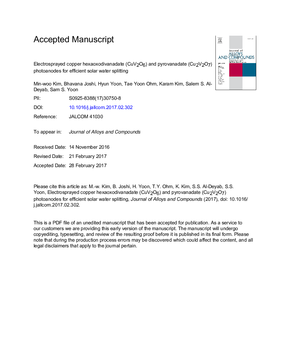 Electrosprayed copper hexaoxodivanadate (CuV2O6) and pyrovanadate (Cu2V2O7) photoanodes for efficient solar water splitting