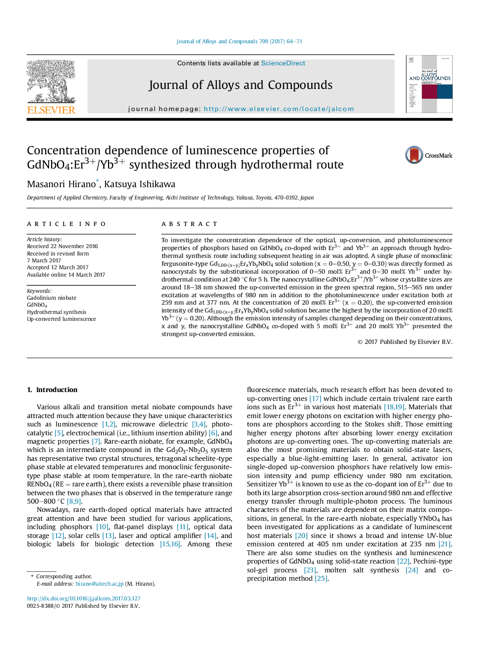 Concentration dependence of luminescence properties of GdNbO4:Er3+/Yb3+ synthesized through hydrothermal route