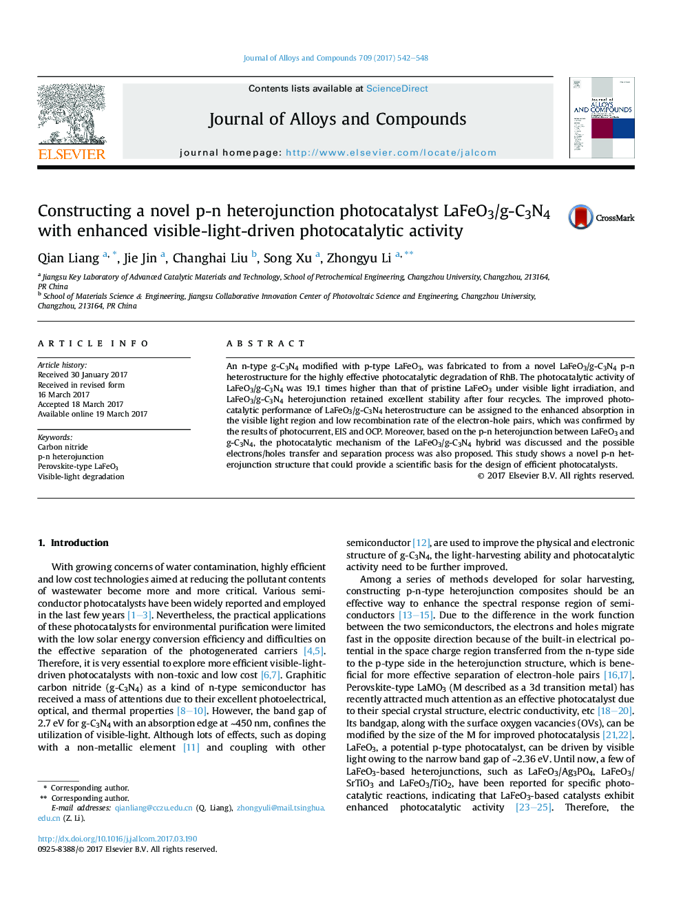 Constructing a novel p-n heterojunction photocatalyst LaFeO3/g-C3N4 with enhanced visible-light-driven photocatalytic activity