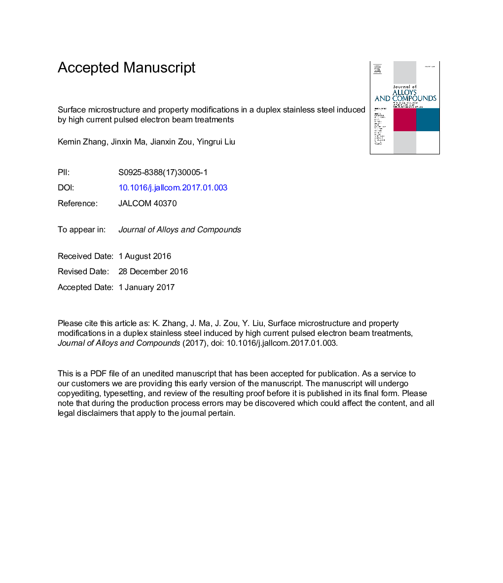 ریزساختار سطح و تغییرات اموال در یک فولاد ضد زنگ دوبلکس القا شده توسط پرتوهای پرتو الکترونی با جریان بالا 