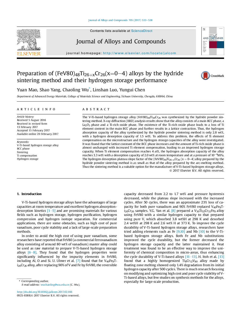 Preparation of (FeV80)48Ti26+xCr26(x=0-4) alloys by the hydride sintering method and their hydrogen storage performance